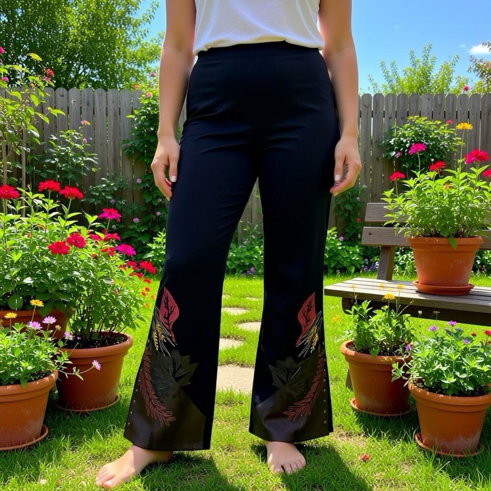 Haven Bleu Pants Women L Black Boho Wide Leg Pants Patchworks Embroidered Retro